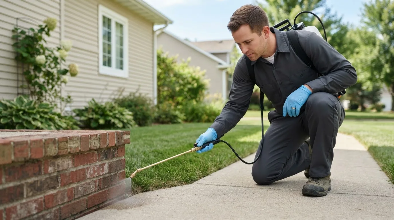 Pest control technician treating a home near Woodstock Valley, CT